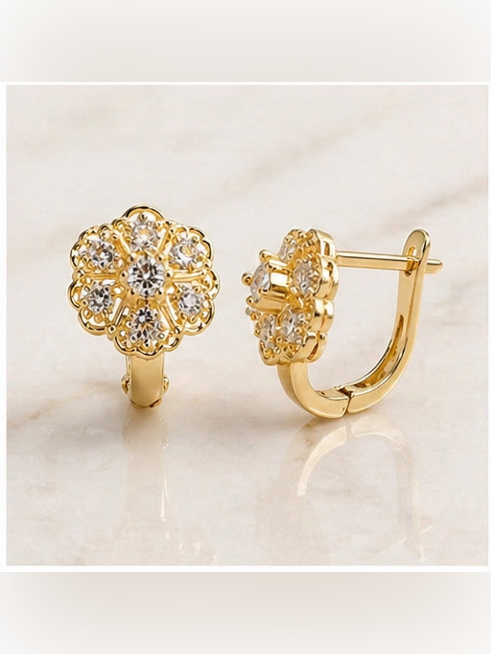 18K Gold Filled Flower Huggie Earrings AAA CZs, Dainty Floral, Hypoallergenic
